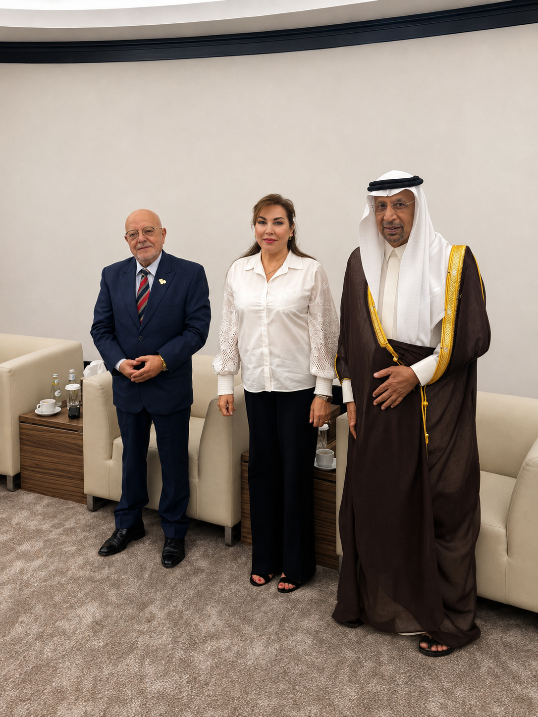 Maissa Kabbani, CEO of SAG, with H.E. Khalid bin Abdulaziz Al-Falih, Saudi Minister of Investment, and H.E. Dr. Mohammad Nidal Al-Shaar, Syrian Minister of Economy and Industry — Riyadh.
