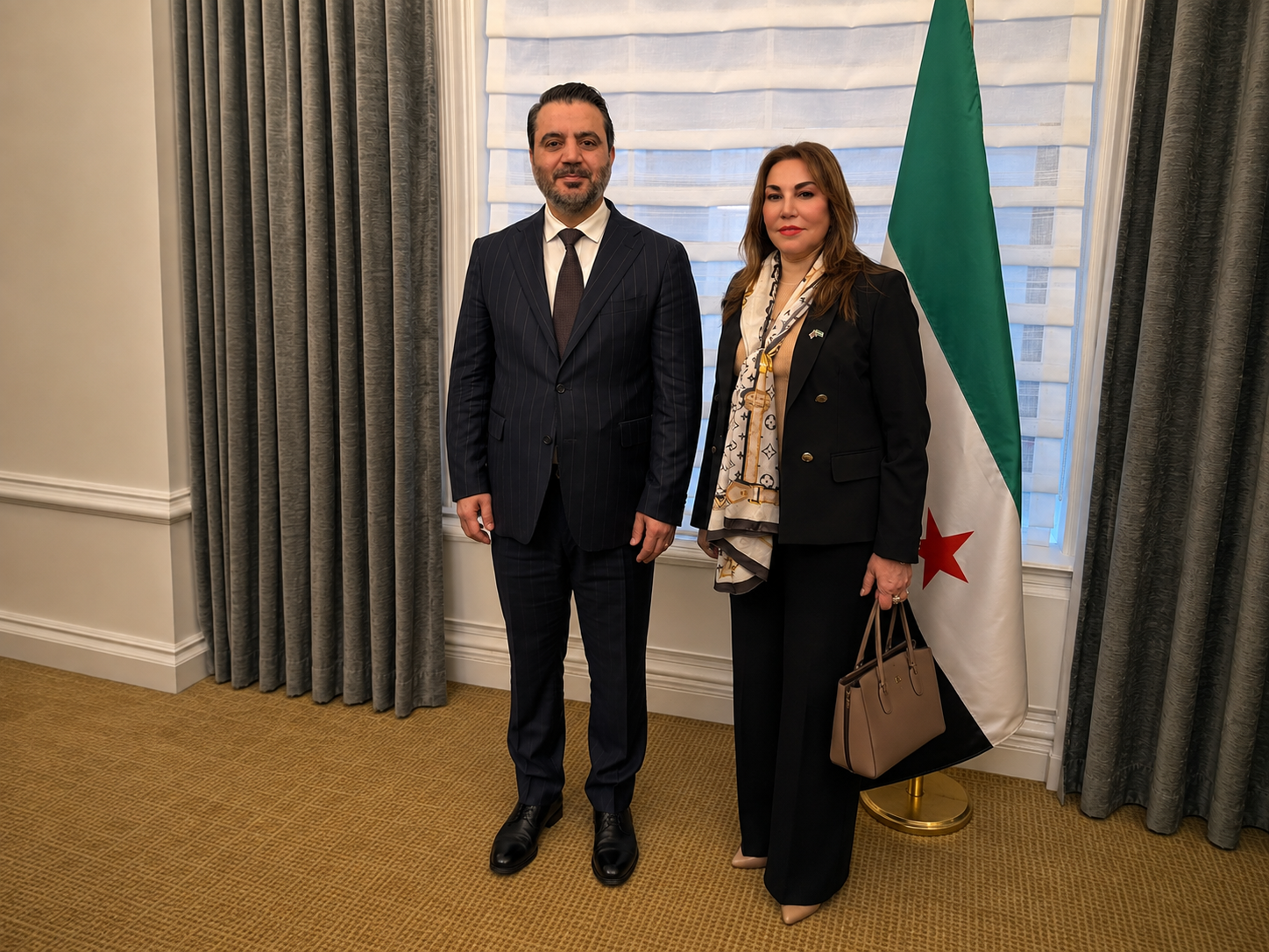 Maissa Kabbani, CEO of SAG, with H.E. Asaad al-Shaibani, Minister of Foreign Affairs of the Syrian Arab Republic — meeting with the Syrian community, New York, April 2025.